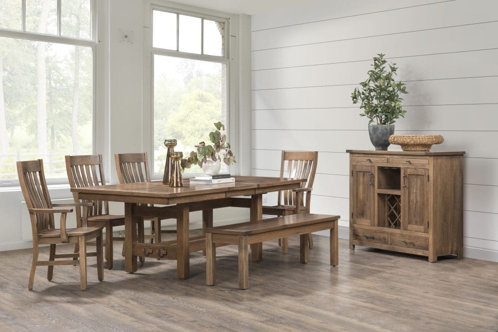 sutter mills dining room scene with rectangle table, chairs, bench, and buffet