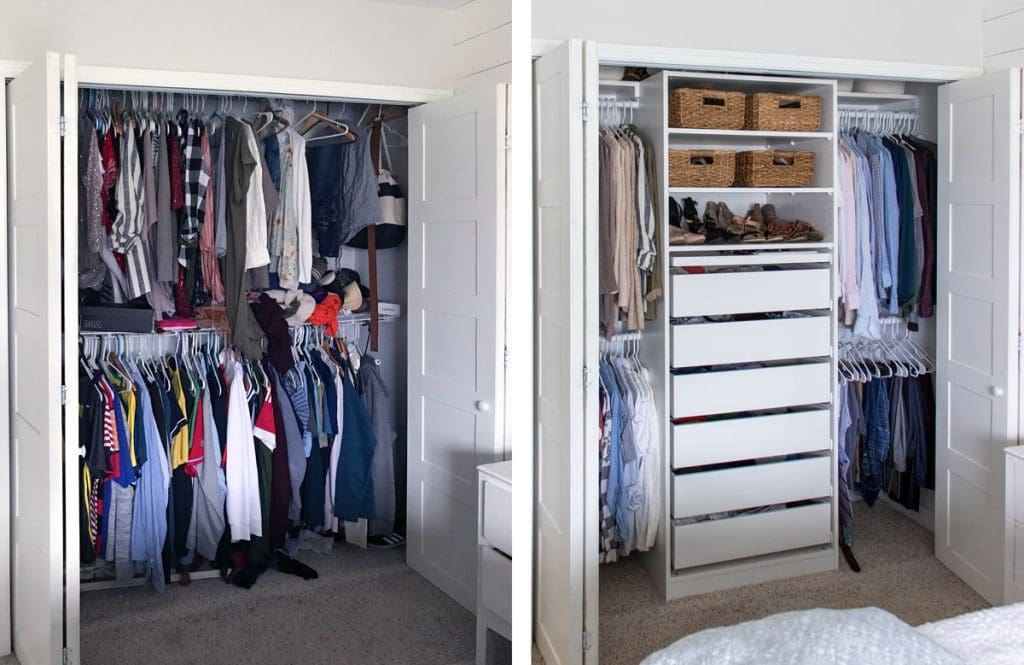 before and after image of an organized closet, maximize space in a small bedroom