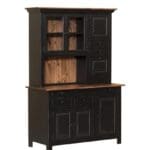 Medium Hoosier Cabinet painted black with wood panel back, 2 sets of cabinets, 3 single cabinets, 4 drawers, and an open shelf.