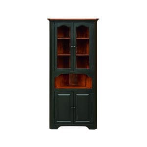 Colonial style large corner cupboard painted dark green with natural wood panel backing, an open shelf in the middle, and 4 cabinets.