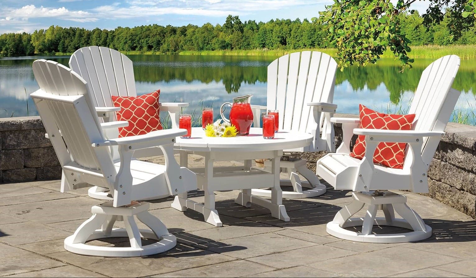 White poly wood furniture set with table and 2 swivel chairs.