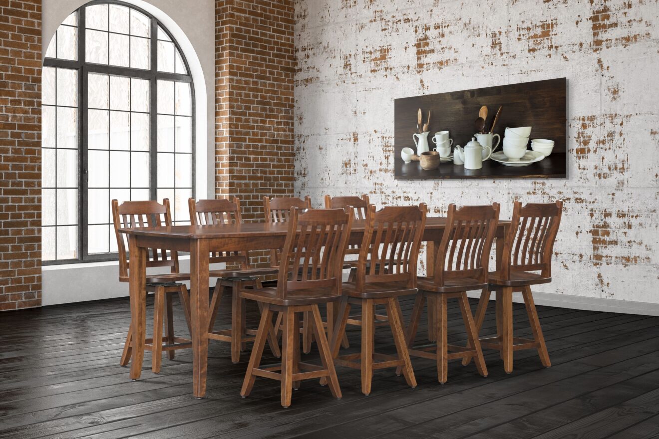 Brown hardwood Easton Pike Mountain dining set with a table and 8 chairs.