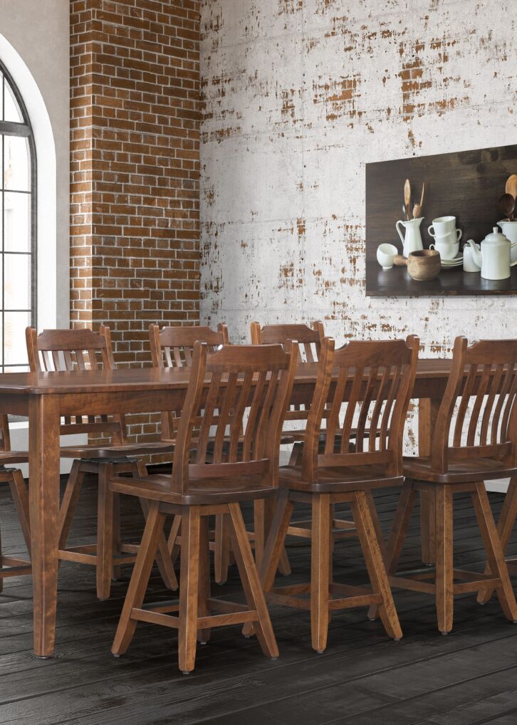 Brown hardwood Easton Pike Mountain dining set with a table and 8 chairs.