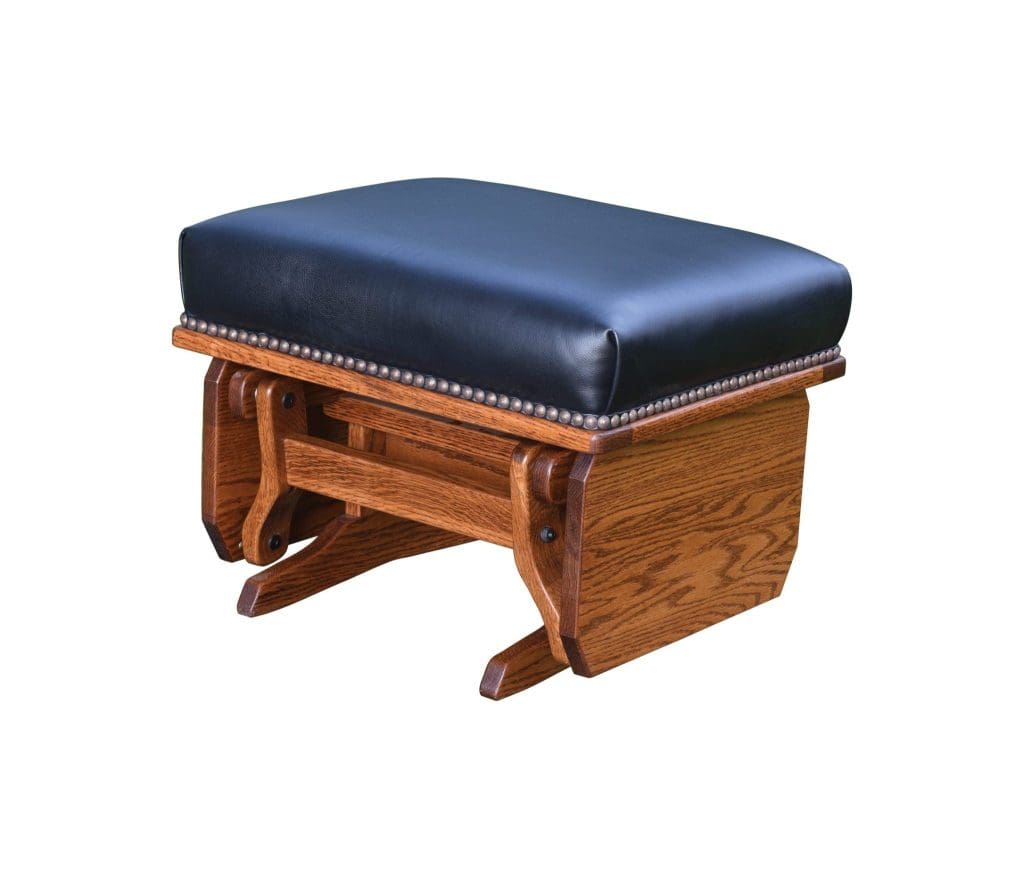 mission ottoman with a wooden base and blue leather upholstery