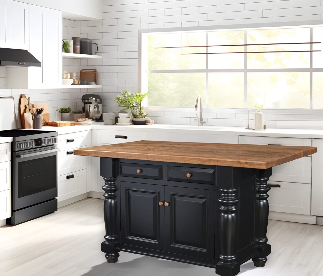 White kitchen with a black kitchen island that has a hardwood top, 2 drawers, and a set of cabinets.