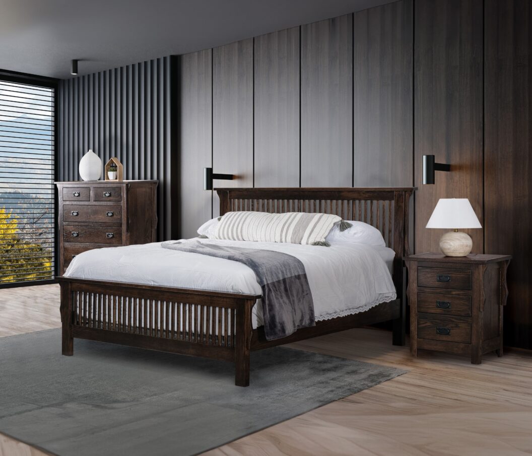 Black modern and retro-style bedroom with black and dark materials. 3d rendering.