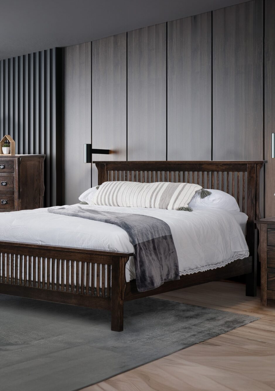 Black modern and retro-style bedroom with black and dark materials. 3d rendering.