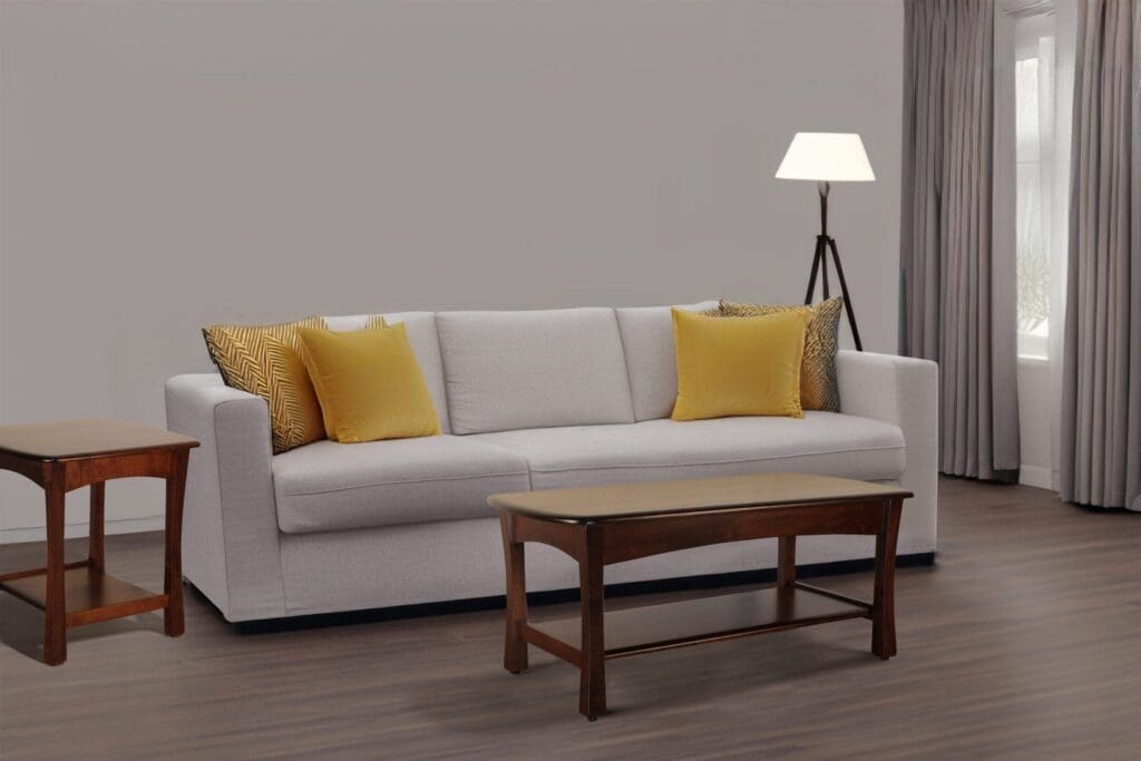white couch with yellow pillows, wood coffee table, and wood side table