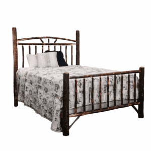 Hickory lodge bed with wagon wheel-inspired headboard design
