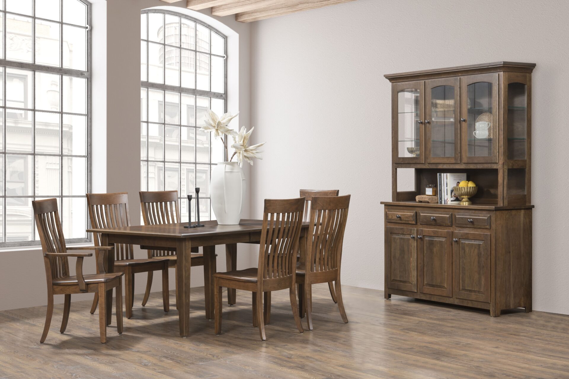 portland dining room scene with table, chairs, and hutch