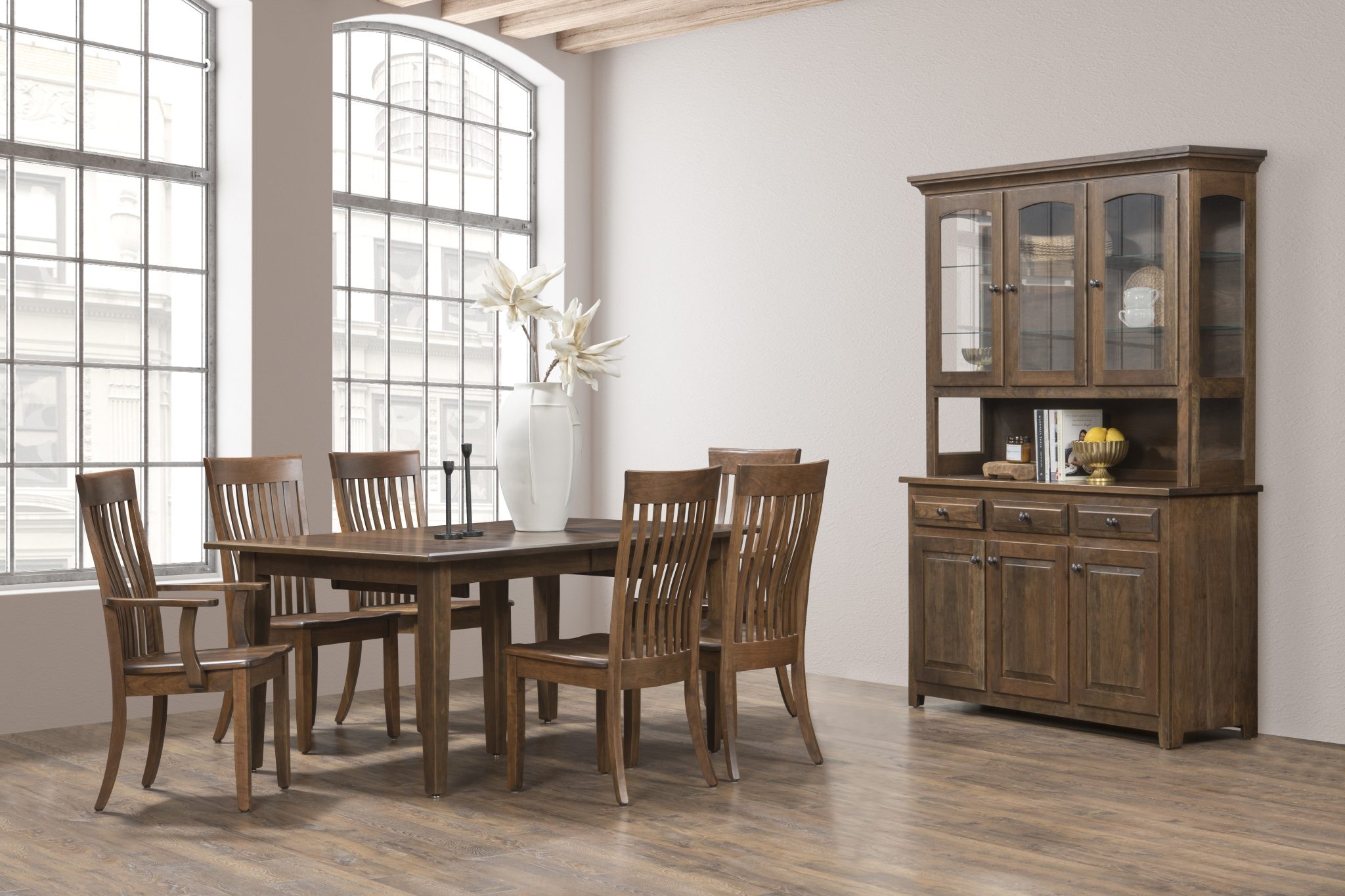 portland dining room scene with table, chairs, and hutch