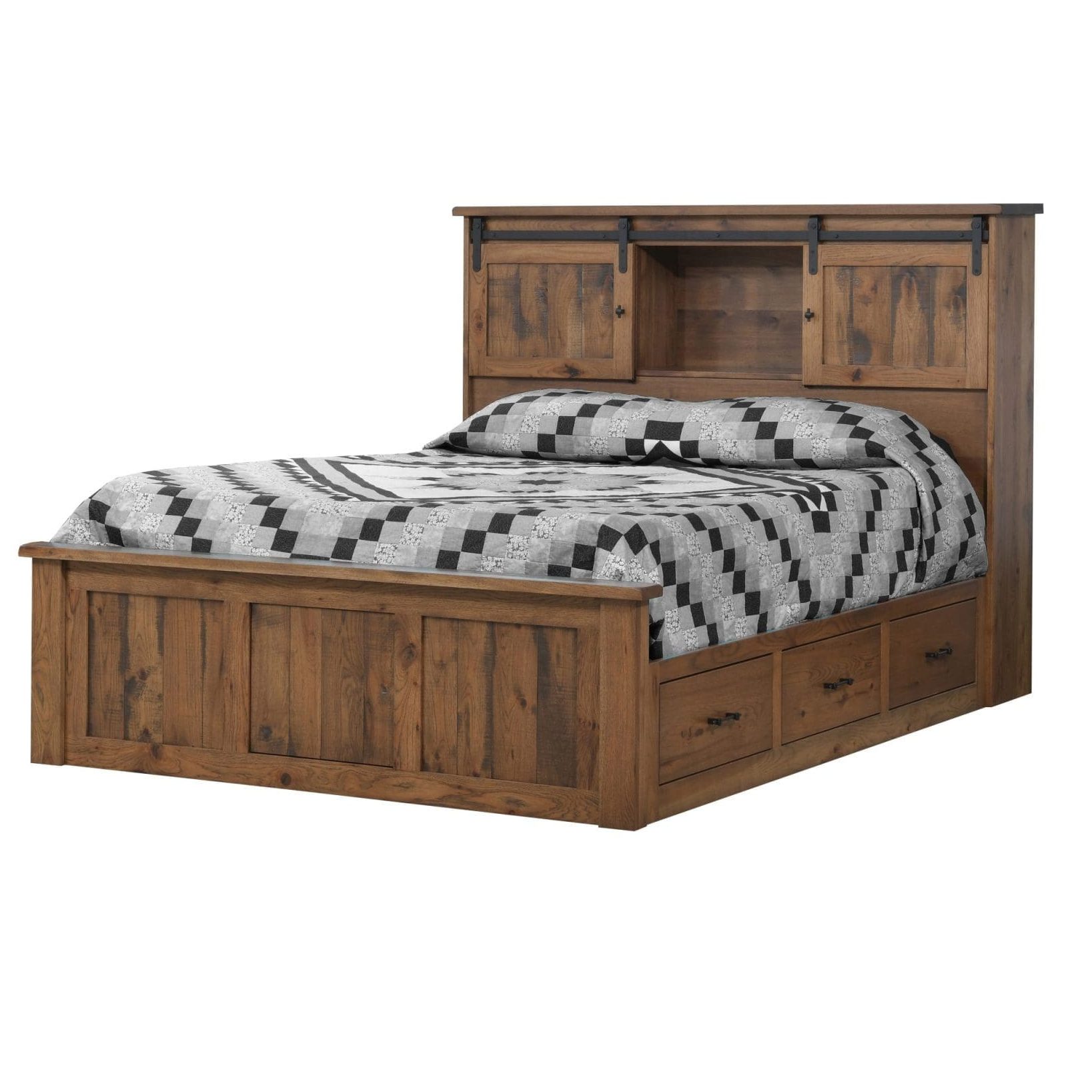 barn door bed with underbed drawer storage, maximize space in a small bedroom