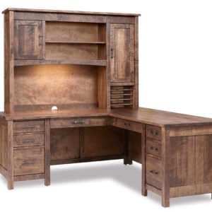 Houston corner L desk with hutch in rough-sawn hardwood, King's Impressions Lancaster PA