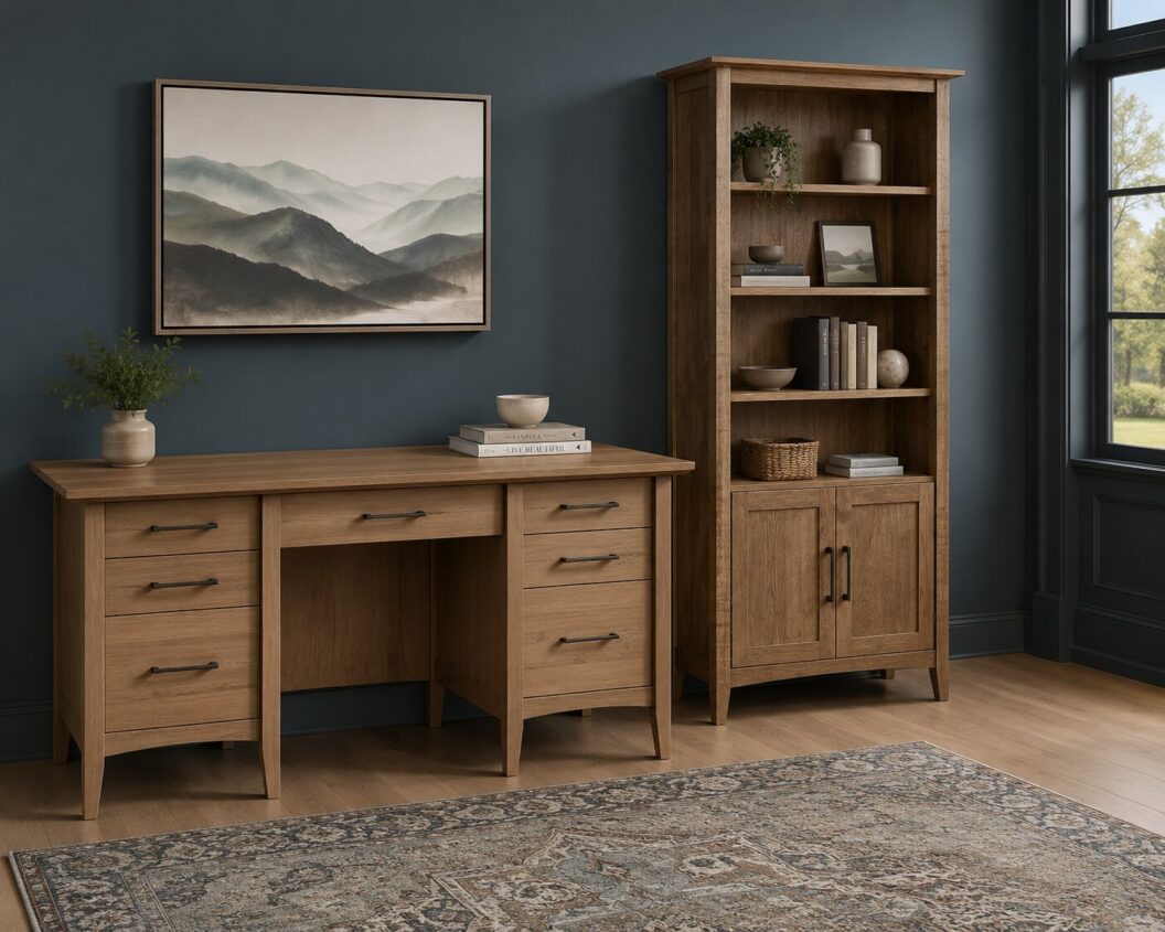 Atlantic double pedestal desk styled in a home office, King's Impressions Lancaster PA