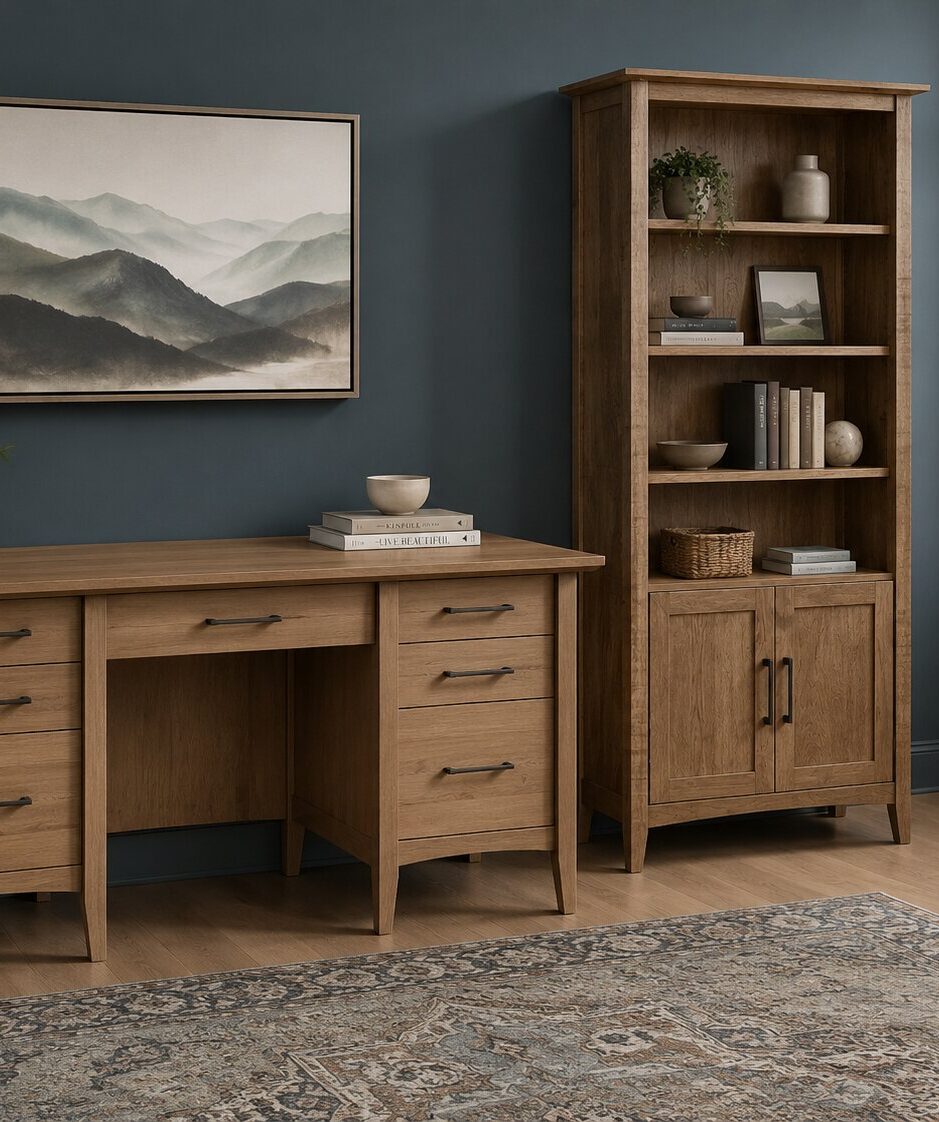 Atlantic double pedestal desk styled in a home office, King's Impressions Lancaster PA
