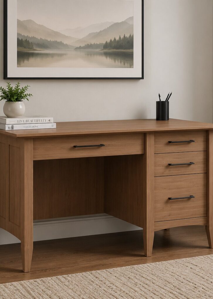 Atlantic single pedestal desk styled in a home office, King's Impressions Lancaster PA